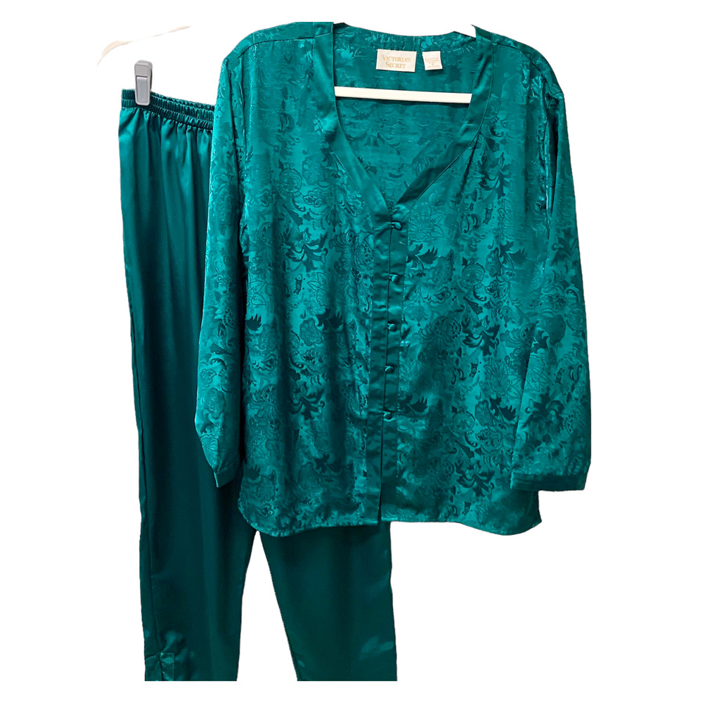 Vintage Victoria's Secret Gold Label Pajama Set 2 Pieces Green Damask M